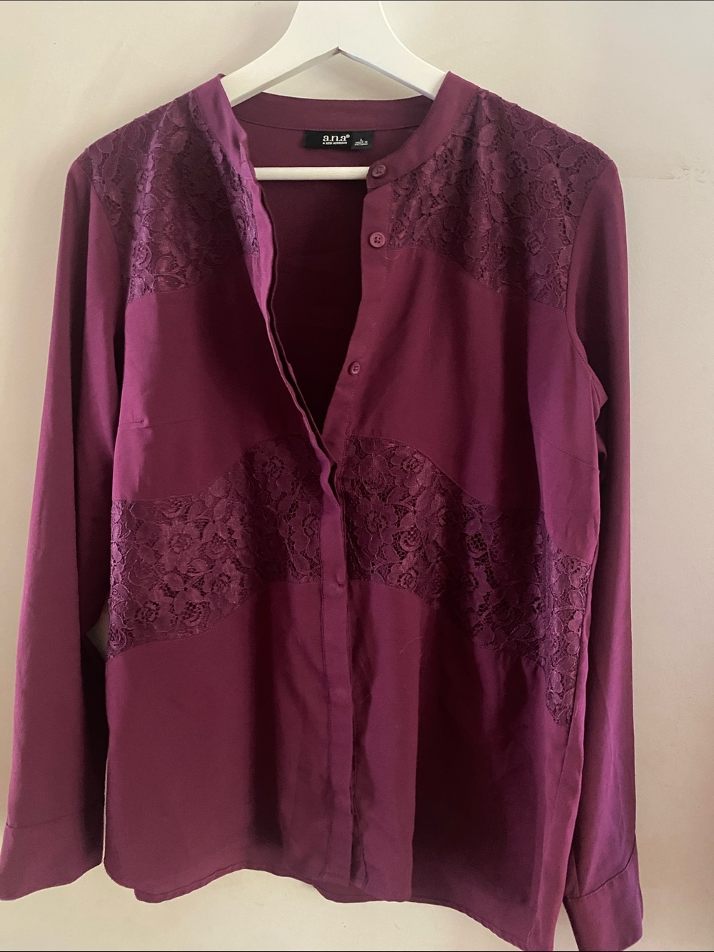 a.n.a Plum Lace-Panel Button-Down Blouse